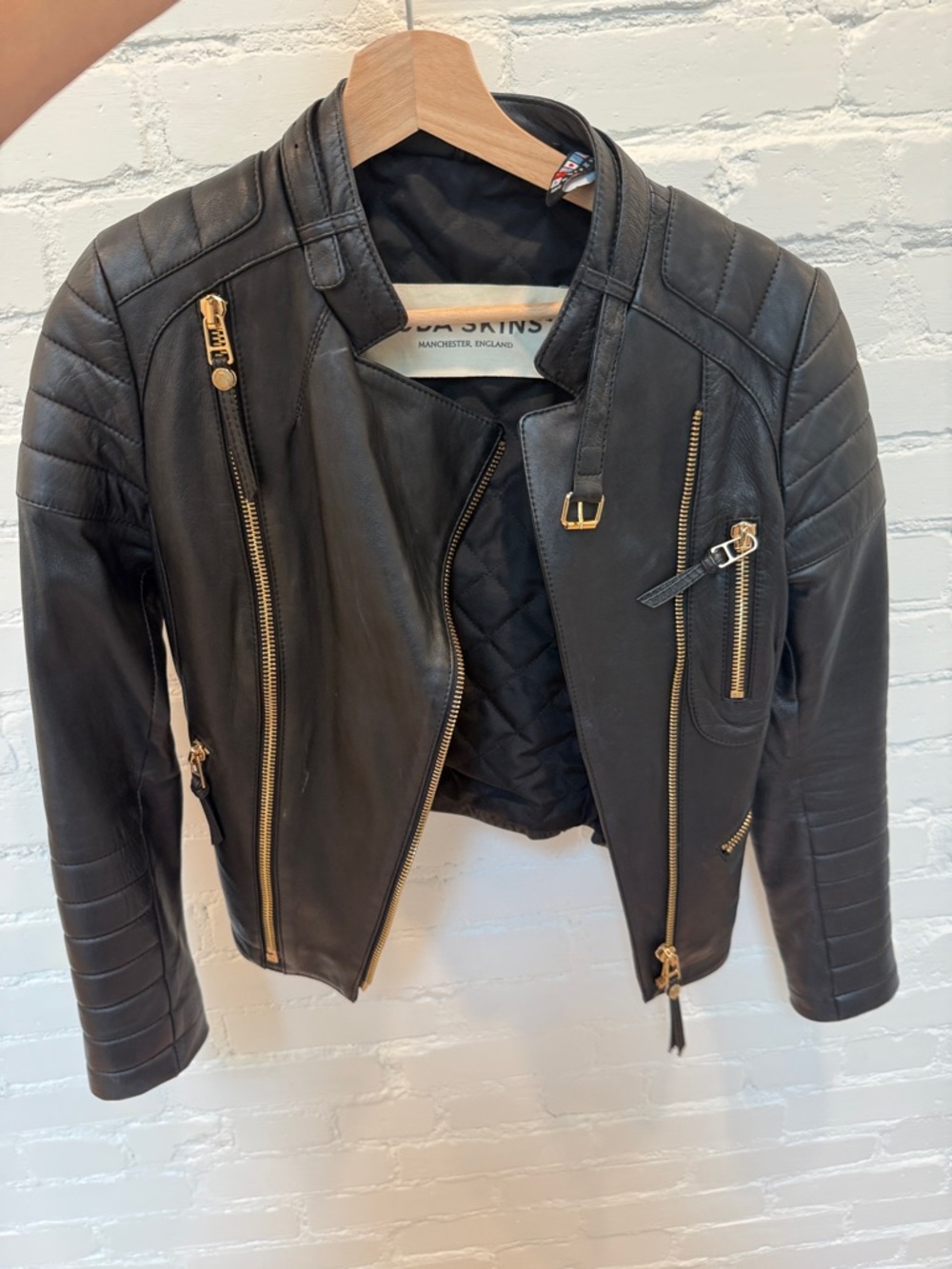 XXS Black Leather Moto Jacket with Gold Zippers